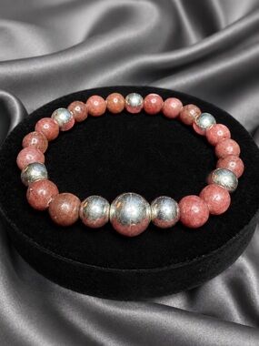 Bracelet Rhodonite Gemstone Sterling  Silver Beads Magnetic Closure